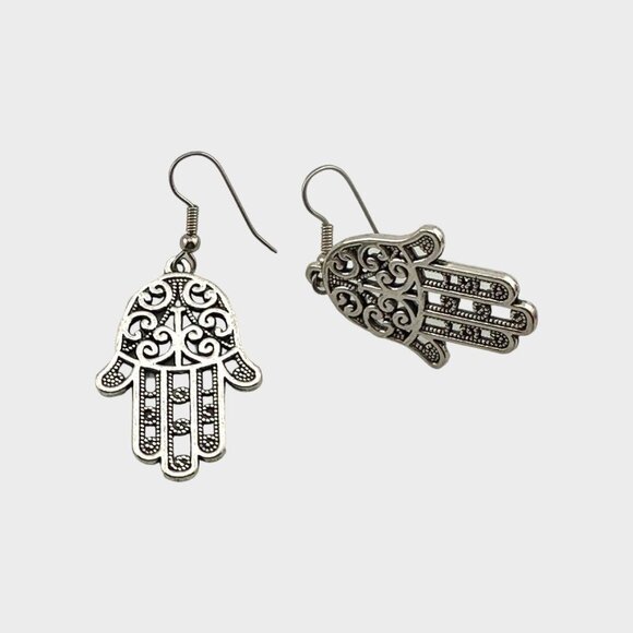 Antiqued Silver Tone Hamsa Hand Earrings Stainless Steel French Hooks - Picture 2 of 7
